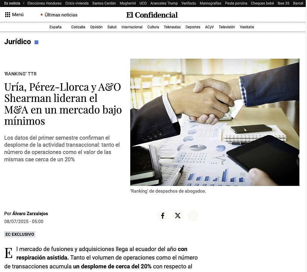 Ura, Prez-Llorca y A&O Shearman lideran el M&A en un mercado bajo mnimos